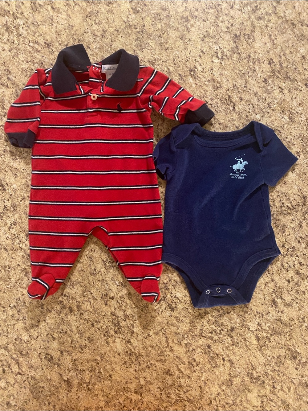 Ralph Lauren Red Striped Footed One-Piece with Beverly Hills Polo Navy Bodysuit